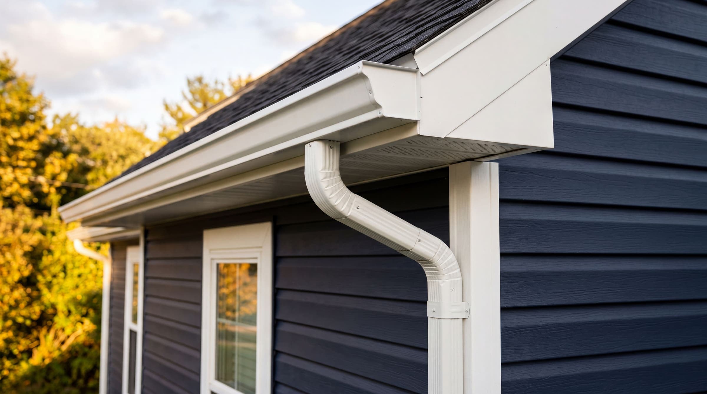 Pristine white aluminum gutters and trim against navy siding