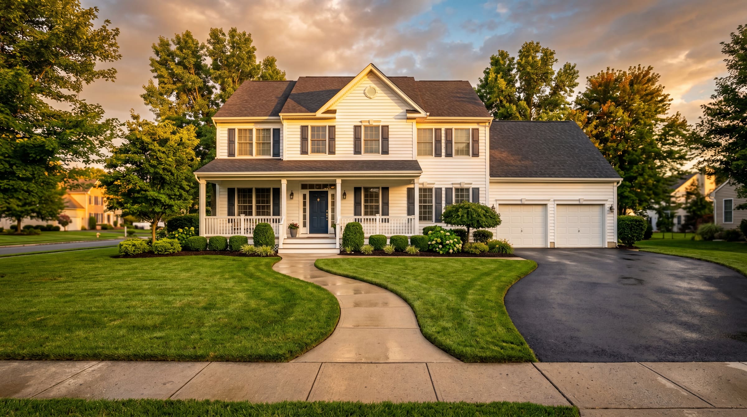 South Jersey colonial home exterior at golden hour after a complete pressure washing service